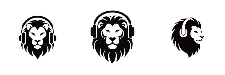 Three distinct lion head designs featuring headphones illustrate a blend of music culture and strength. Each lion presents a unique artistic interpretation, emphasizing creativity.