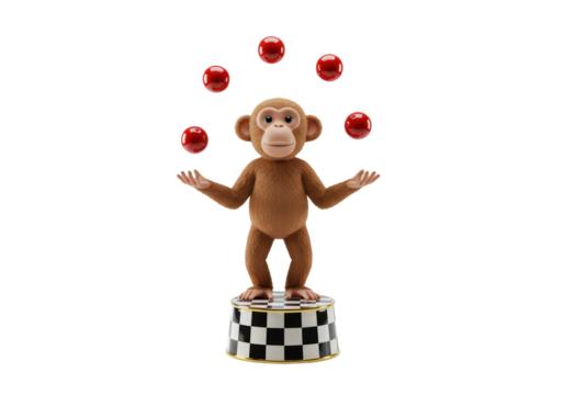 Isolated monkey juggling red balls balancing on a checkerboard stand cartoon animal mascot