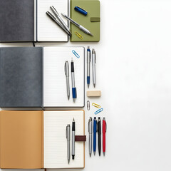 Organized collection of notebooks and pens on a white background
