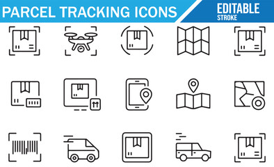 Set of Editable Icons for Parcel Delivery, Tracking, and Shipping Logistics