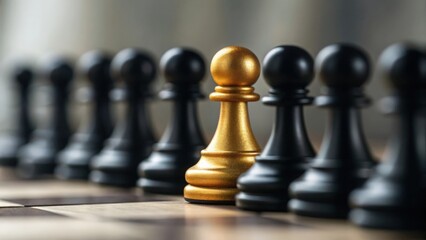 Single golden pawn among black pawns — representing success and individuality