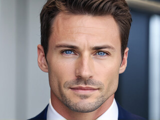 Confident businessman with sharp facial features in elegant suit at modern office