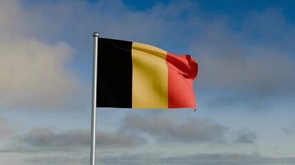 Belgium flag flowing under heavy wind and rippled blue sky and cloud day sunlight movement motion for country nation state. - Powered by Adobe