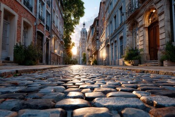 Fototapeta premium Cobblestone street at dawn with historic buildings and glowing sunrise