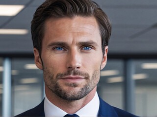 Confident businessman with sharp facial features in elegant suit at modern office