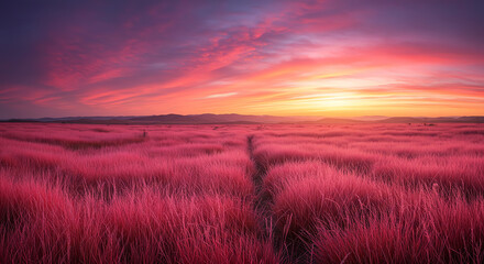 Pink grass field with sunset sky landscape