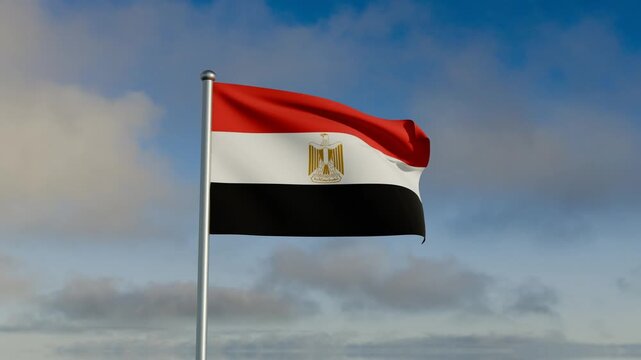 Egypt flag flowing under heavy wind and rippled blue sky and cloud day sunlight movement motion for country nation state.