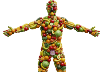 Isolated full figure of a human made of produce, healthy lifestyle and balanced diet concept
