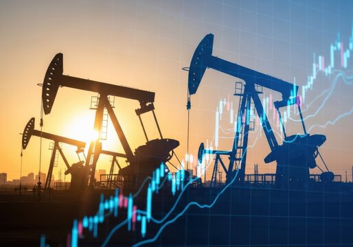 Oil pumpjacks silhouetted against a sunset with financial stock market graph overlay