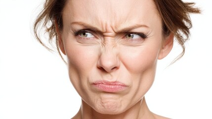 A woman with furrowed brows and pursed lips shows a strong expression of disgust or displeasure against a white background