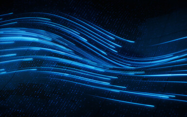 Flowing curve lines with technical board background, 3d rendering.