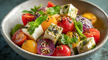 Colorful fresh salad with cherry tomatoes, red onions, marinated feta cheese, basil leaves, and sesame seeds served in a rustic bowl on a textured surface.