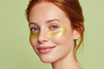 Young woman with red hair smiling, wearing gold under-eye patches against a light green background