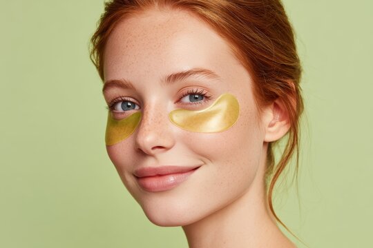 Young woman with red hair smiling, wearing gold under-eye patches against a light green background - Powered by Adobe