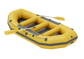 Isolated yellow inflatable raft with oars, ready for river rafting adventure outdoors