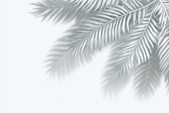 Palm fronds artfully draped on a blank white canvas, creating soft shadows and a minimal, peaceful aesthetic