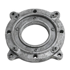 Gray metal circular plate with mounting holes.  Central circular opening