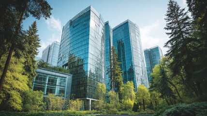 Modern glass skyscrapers rise behind a lush green forest, symbolizing the harmony between urban architecture and natural environment in a sustainable cityscape.
