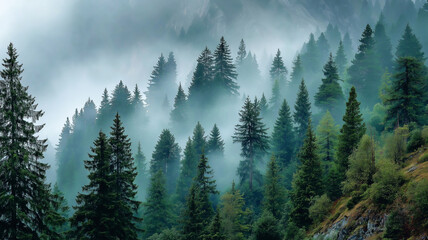 Misty pine forest on a mountain slope, with dense evergreen trees surrounded by fog, creating a mysterious and tranquil natural landscape.