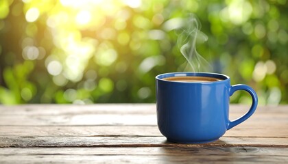 Steaming coffee in a blue mug sits on a rustic wooden table outdoors, sunlight bokeh in background