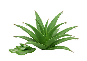 Fototapeta premium Isolated aloe vera plant and sliced leaves with water droplets, succulent medicinal plant