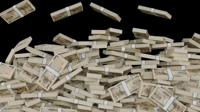 Bank note Japan yen roll bundle money drop overlay on black background falling cash animation graphic