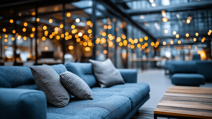 Modern lounge with a stylish blue sofa and cozy pillows, surrounded by warm string lights in a contemporary indoor setting with a relaxed ambiance.