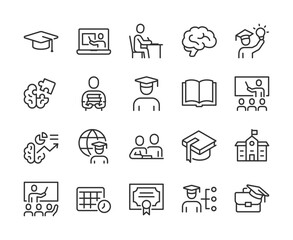 Education and Learning, icon set. Online courses, studying, graduation, books, teachers, classrooms, diploma, university, knowledge, training, skills development, students. Line with editable stroke