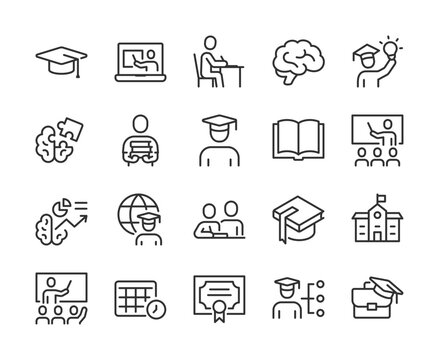 Education and Learning, icon set. Online courses, studying, graduation, books, teachers, classrooms, diploma, university, knowledge, training, skills development, students. Line with editable stroke