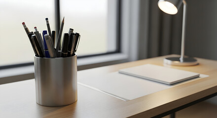 Desk with pens lamp and notebook by window