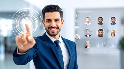 Businessman interacts with a futuristic interface displaying employee profiles and data visualizations - Powered by Adobe