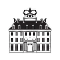 Fototapeta premium Royal Mansion Logo with Crown Vector Icon. Elegant Palace or Luxury Estate Silhouette for Real Estate and Heraldry. 