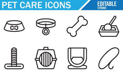 Set of Editable Pet Care Icons for Dog and Cat Accessories like Collars, Bowls, and Litter