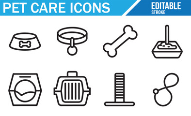 Editable Stroke Icons for Pet Care - Includes Bowls, Collars, Bones, Litter Boxes, and Carriers. Vector Set for Pet Accessories, Grooming, and Animal Care