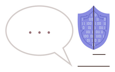 Speech bubble with ellipses symbolizes communication shield with binary code represents cybersecurity. Ideal for digital safety, encryption, online security, privacy, technology concepts, secure