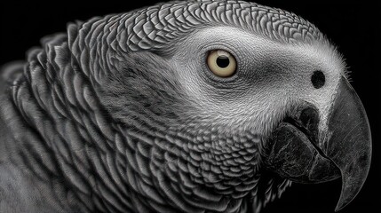 Fototapeta premium Close-up of a majestic gray parrot showcasing intricate feather details against a dark backdrop