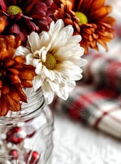 Colorful fall flowers in a glass jar, paired with ornaments and a plaid fabric