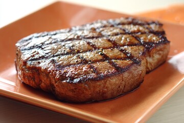 A grilled steak rests on a terracotta plate, showcasing a rich brown hue and grill marks.