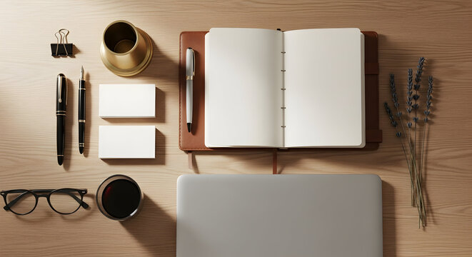 Organized desk setup with open notebook and laptop