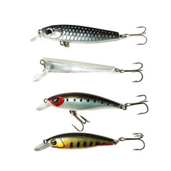 Fishing lures with treble hooks and realistic details isolated on a transparent background