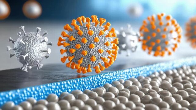 Microscopic view of virus particles on cellular surface in high detail. hMPV, Human metapneumovirus