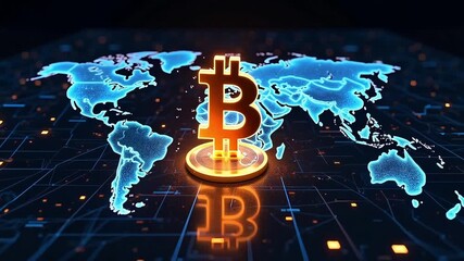 Global Bitcoin network concept with vibrant world map glowing with technology and digital connection - Powered by Adobe