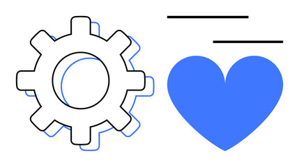 Gear and blue heart side by side with minimal lines, balancing innovation and humanity. Ideal for technology, healthcare, collaboration, teamwork, love, connection, simple landing page