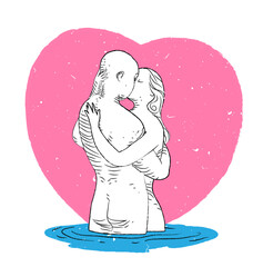 Romantic illustration of a nude couple embracing and kissing in water with a large pink heart background. 