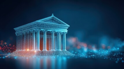 Obraz premium A digital wireframe of a classical building with columns, glowing in a futuristic blue and orange environment