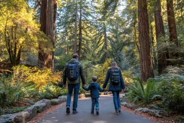 Fototapeta premium A family walks hand-in-hand along a scenic path through a lush, sunlit forest surrounded by tall trees and greenery