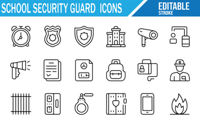 Vector Set of School Security Guard Icons for Safety, Surveillance, and Emergency Alerts