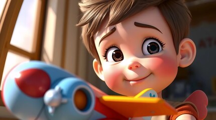 young animated boy smiling gently with wide eyes, warm family-friendly 3d character close-up