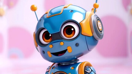 cute blue robot head with friendly eyes and glossy headphones, charming 3d character design with tech flair