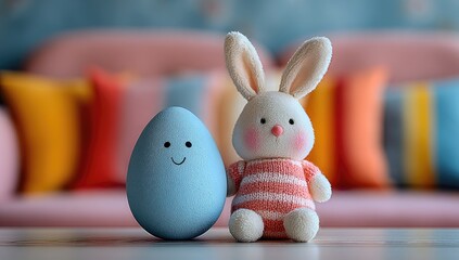 Light-blue Easter egg w/ smiley face & pastel bunny toy